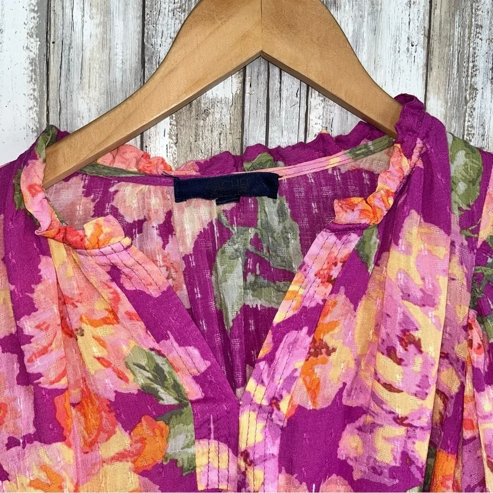 Rachel Roy Floral Blouse Medium Pink Orange Puff Sleeve Boho Top Women - Picture 4 of 5